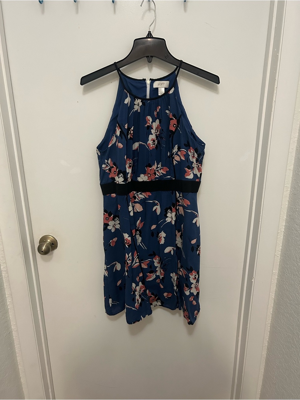 LOFT Blue Floral Halter Dress with Pink and White Accents